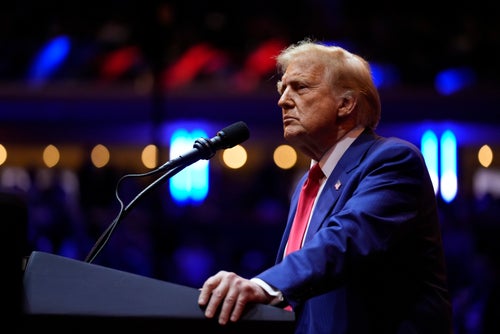 Republican presidential nominee former President Donald Trump speaks at a campaign rally at Madison Square Garden, Sunday, Oct. 27, 2024, in New York. (AP Photo/Alex Brandon)