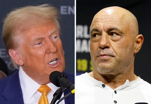 Republican presidential nominee Donald Trump (left) at a Friday news conference in Austin, Texas, and Joe Rogan at an Aug. 18, 2023, UFC event in Boston.