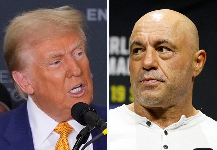 Republican presidential nominee Donald Trump (left) at a Friday news conference in Austin, Texas, and Joe Rogan at an Aug. 18, 2023, UFC event in Boston. 