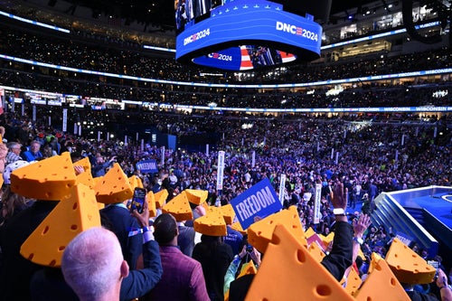 Wisconsin delegates wearing cheese hats take part in the ceremonial roll call vote on the second day of the Democratic National Convention (DNC) in August. Wisconsin is one of seven swing states.