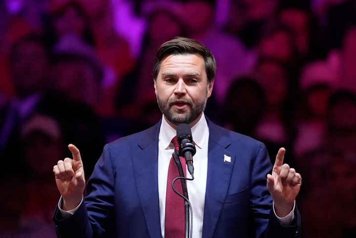 Republican vice presidential nominee Sen. JD Vance, R-Ohio, speaks before Republican presidential nominee former President Donald Trump at a campaign rally at Madison Square Garden, Sunday, Oct. 27, 2024.