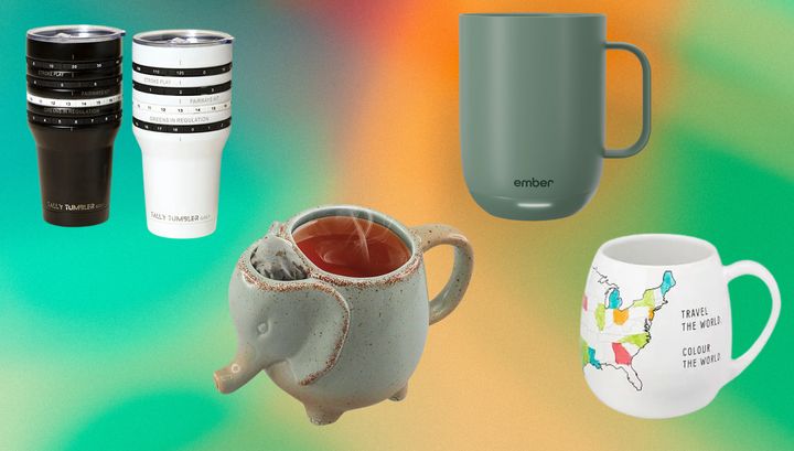 Golf-score tumblers, an elephant-shaped mug with a tea bag holder, Ember smart mug and customizable map mug