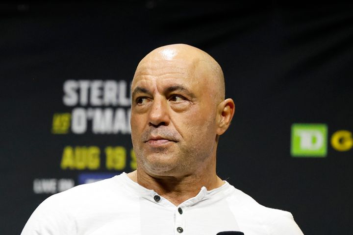  Joe Rogan is seen at the ceremonial weigh-in for the UFC 292 mixed martial arts event, Friday, Aug. 18, 2023, in Boston.