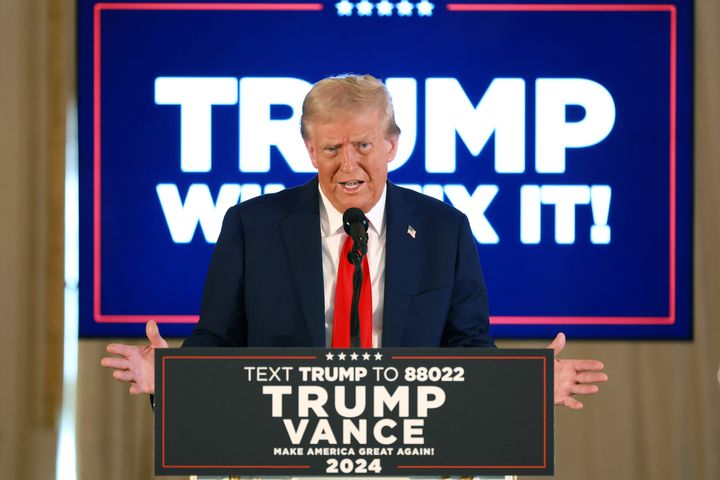 Republican presidential nominee, former US President Donald Trump speaks during a press conference in the ballroom of the Mar-a-Lago Club on October 29, 2024 in Palm Beach, Florida. 