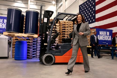 Kamala Harris arrives to speak during a tour of the Corning, Inc. Hemlock Semiconductor headquarters in Hemlock, Michigan.