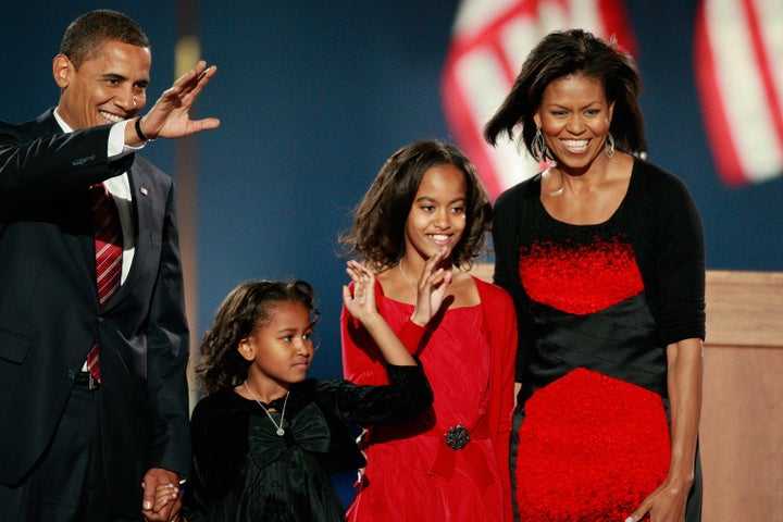 Obama credited his family, shown here on the night of his 2008 election, for keeping him grounded.