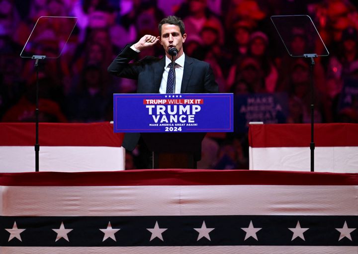 Tony Hinchcliffe photographed onstage at a campaign rally for former US president and Republican nominee Donald Trump at Madison Square Garden in New York on October 27, 2024.