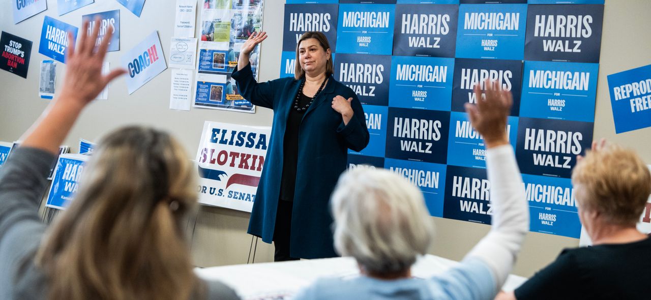 UNITED STATES - OCTOBER 25: Rep. Elissa Slotkin, D-Mich., Democratic U.S. Senate candidate from Michigan, talks with volunteers during a canvassing launch in Trenton, Mich., on Friday, October 25, 2024. Slotkin is running against former Rep. Mike Rogers, R-Mich. (Tom Williams/CQ-Roll Call, Inc via Getty Images)