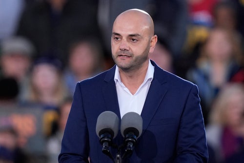 Assad Turfe, deputy executive of Wayne County, Michigan, speaks at a campaign rally for Vice President Kamala Harris in Ann Arbor, Michigan, on Monday, Oct. 28.