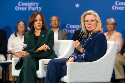 Vice President Kamala Harris holds a town hall event with former Rep. Liz Cheney (R-Wyo.) in Wisconsin on Oct. 21. Trump has used their joint campaigning to woo Arab and Muslim voters.