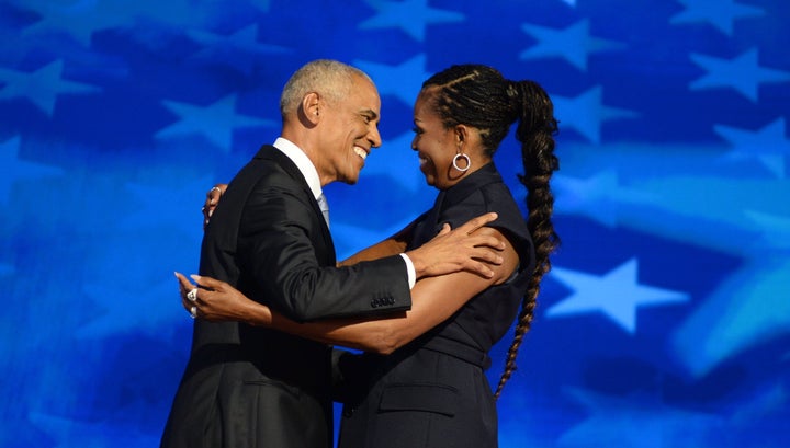 Barack and Michelle Obama attend the Democratic National Convention on Aug. 20 in Chicago, where both spoke in support of presidential nominee Kamala Harris.