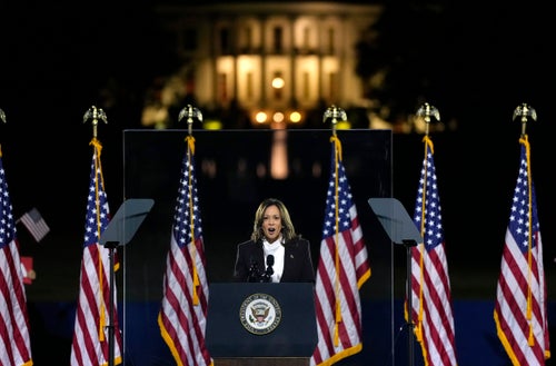 A lit up White House was visible behind Harris as she addressed the massive crowd. The setting aimed to help people envision her as president and remind them of Trump's misdeeds.