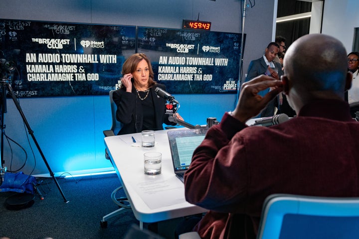 Vice President Kamala Harris previously sat down with Charlamagne Tha God in Detroit earlier this month (above). This week, he asked her a cheeky question when she did a phone interview for "The Breakfast Club" morning show.