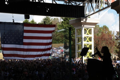 Vice President Kamala Harris speaks during a campaign rally at the Walnut Creek Amphitheatre on Wednesday in North Carolina.