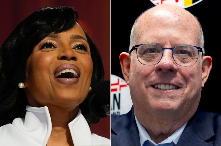 Democratic Senate candidate Angela Alsobrooks in Chicago on Aug. 20 (left) and her Republican opponent in Maryland, former Gov. Larry Hogan, in Annapolis, on Aug. 27.