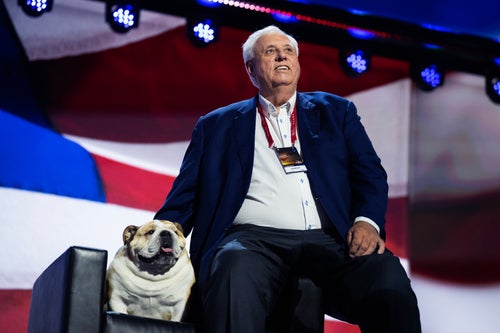 West Virginia Gov. and Senate candidate Jim Justice and his English bulldog, Babydog, are seen on the second day of the Republican National Convention on July 16.