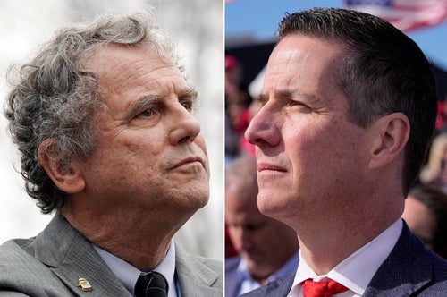 This combination of images shows from left, Sen. Sherrod Brown, D-Ohio, on Dec. 7, 2022, and Republican opponent Bernie Moreno, in Vandalia, Ohio, on March 16, 2024.