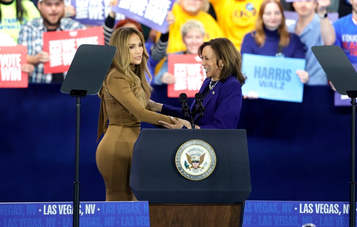 Jennifer Lopez on stage in Las Vegas with Kamala Harris