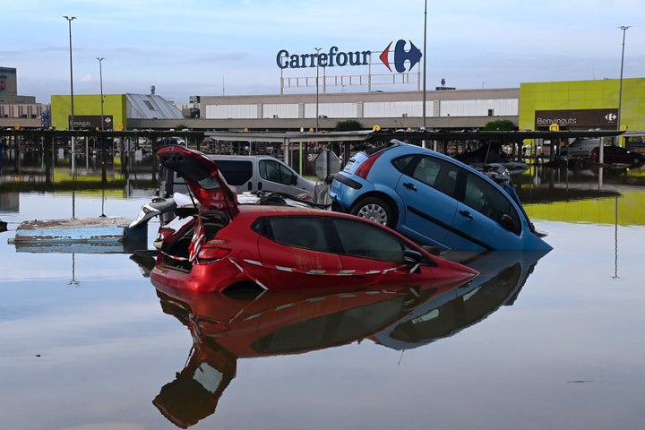 The devastating effects of flooding on a commercial area the town of Alfafar, in the region of Valencia, eastern Spain.