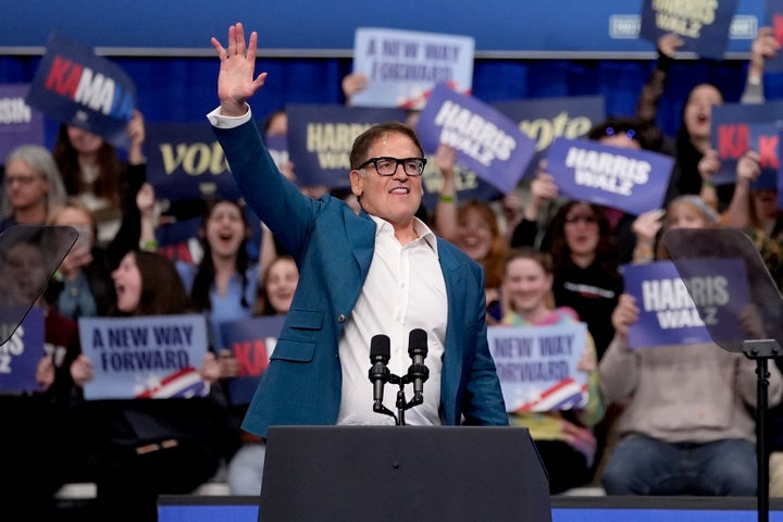 Entrepreneur Mark Cuban speaks at a campaign rally for the 2024 Democratic presidential nominee, Vice President Kamala Harris, in La Crosse, Wisconsin, on Oct. 17.