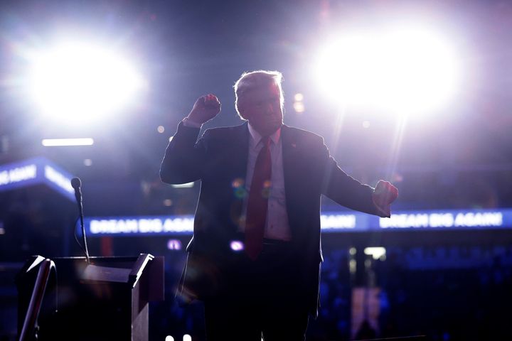 Donald Trump dances his way off stage at the end of a campaign rally in October. 