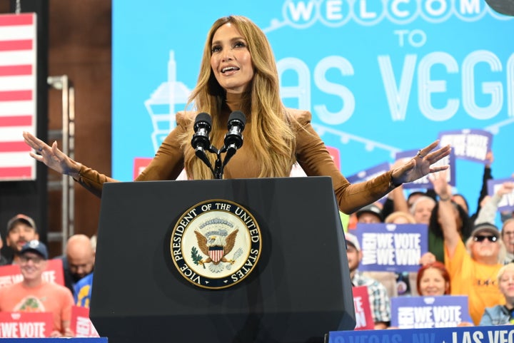 Jennifer Lopez appears onstage at a campaign event in support of Democratic presidential nominee Kamala Harris in North Las Vegas, Nevada, on Thursday, Oct. 31, 2024.