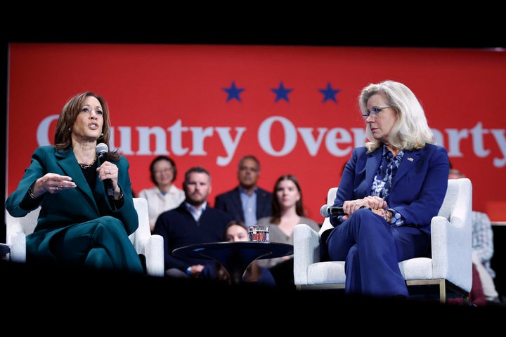 Vice President and Democratic presidential nominee Kamala Harris speaks during a moderated conversation last month with former Rep. Liz Cheney at Sharon Lynne Wilson Center for the Arts in Brookfield, Wisconsin.