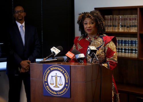 Alameda County District Attorney Pamela Price speaks during a news conference in Oakland, California, last year.