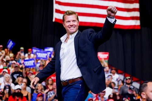Sheehy walks up to the stage during a rally for former U.S. President Donald Trump, the 2024 Republican presidential nominee, at Montana State University on Aug. 9 in Bozeman, Montana.
