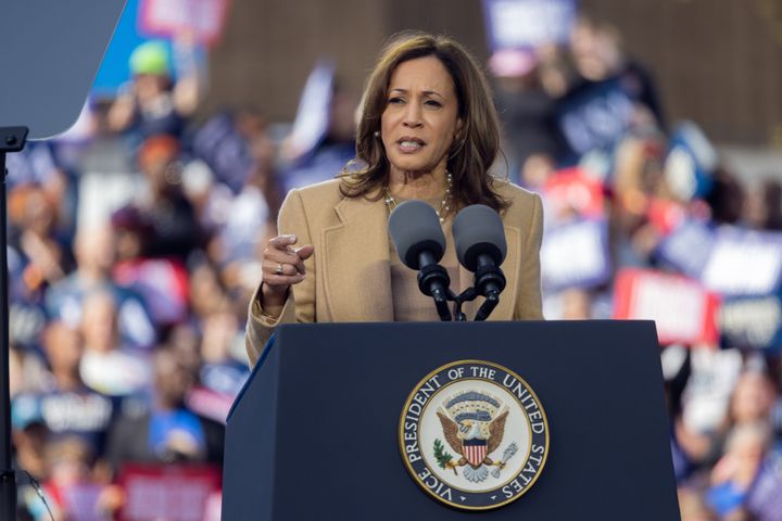 ATLANTA, GEORGIA UNITED STATES- NOVEMBER 2: Vice President Kamala Harris speaks at a campaign rally in Atlanta, Georgia on November 2, 2024. (Photo by Nathan Posner/Anadolu via Getty Images)