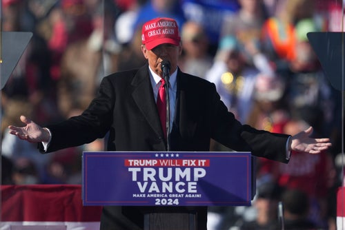 Republican presidential nominee former President Donald Trump speaks during a campaign rally in Lititz, Pa., Sunday, Nov. 3, 2024. (AP Photo/Matt Rourke)