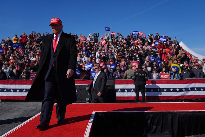 Republican presidential nominee former President Donald Trump arrives for a campaign rally in Lititz, Pennsylvania, on Sunday.