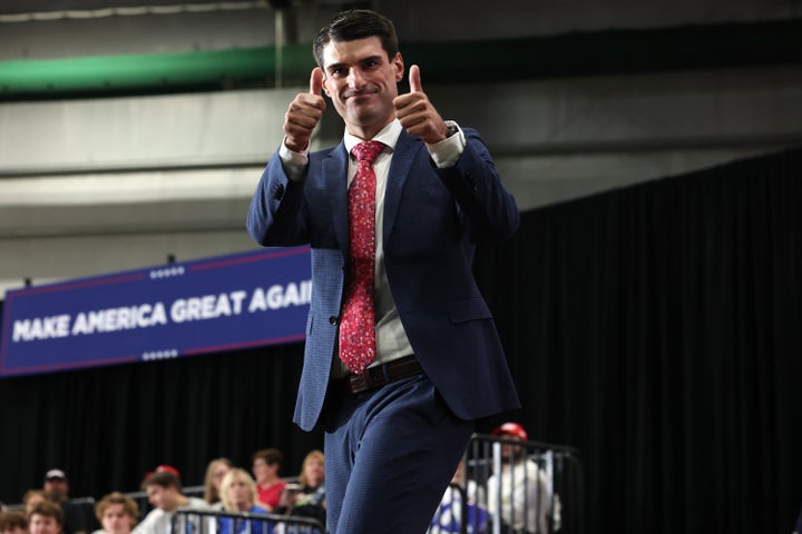 Republican Rob Bresnahan, heir to a union electrical firm, speaks at a Trump rally in Scranton, Pennsylvania. Cartwright's allies paint him as a rich kid who would cut his own taxes.