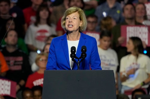 Sen. Tammy Baldwin (D-Wis.) addresses the crowd before Democratic presidential nominee Vice President Kamala Harris arrives to speak at a campaign event last month in Madison, Wisconsin.