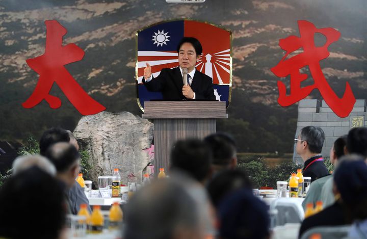 Taiwan's President Lai Ching-te delivers a speech during a ceremony commemorating the 66th anniversary of China's deadly attack on Kinmen island, Taiwan, Friday, Aug. 23, 2024. 