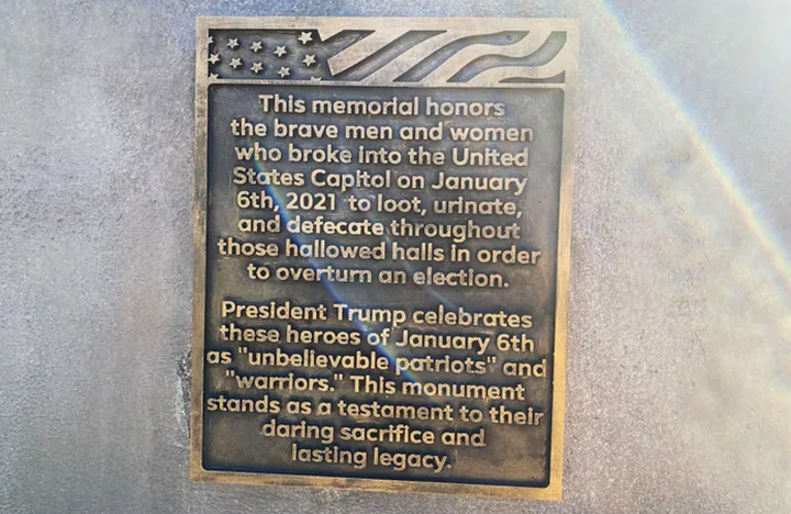 The plaque on the poop monument in D.C. "honoring" Donald Trump and Jan. 6, 2021, insurrectionists.