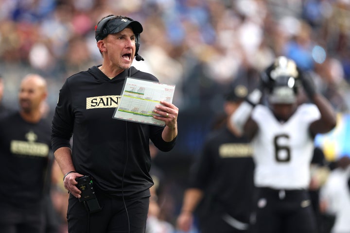 The now-fired head coach Dennis Allen of the New Orleans Saints yells during the second quarter of a game against the Los Angeles Chargers.