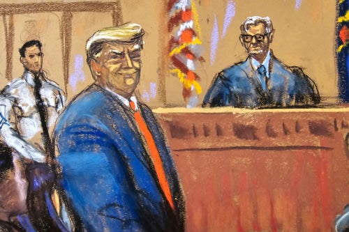In this courtroom sketch, former President Donald Trump smiles at the jury pool on April 15 in Manhattan state court as he is introduced at the beginning of his trial on charges that he falsified business records to conceal money paid to silence porn star Stormy Daniels just before the 2016 election.