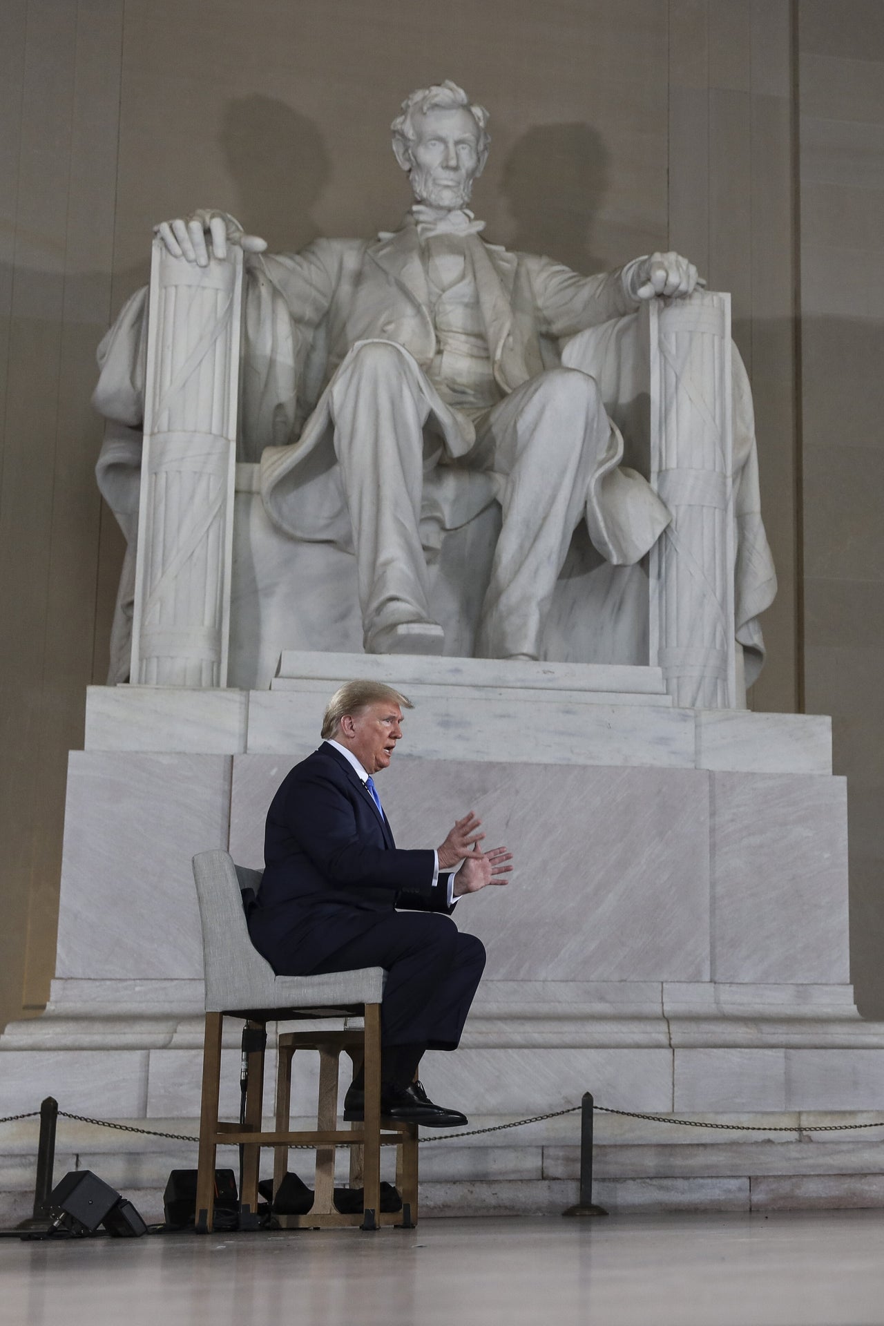 Trump speaks during a Fox News town hall at the Lincoln Memorial in Washington, D.C., on May 3, 2020.