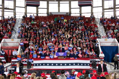 Donald Trump speaks at a campaign rally Monday at the J.S. Dorton Arena in Raleigh, North Carolina. Presidential rivals Kamala Harris and Trump embarked on a final frenzied campaign blitz Monday, with both hitting must-win Pennsylvania.