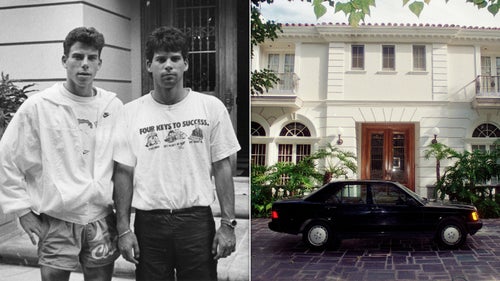 Erik Menendez, left, and his brother Lyle, pose in front of their Beverly Hills home in November 1989. The photograph of the house on the right was taken in 1993.