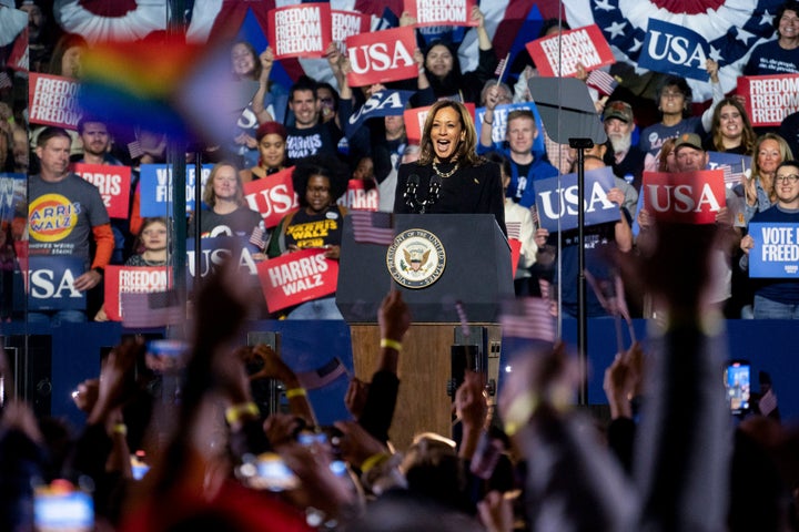 US Vice President Kamala Harris during a campaign event at the Carrie Blast Furnaces National Historic Landmark in Pittsburgh, Pennsylvania, US, on Monday, Nov. 4, 2024. Kamala Harris and Donald Trump are separated by the narrowest of margins in polls, which show Tuesday's election is a coin flip, and by a chasm in their future vision for the world's premier economic and military power. Photographer: Michael Swensen/Bloomberg via Getty Images