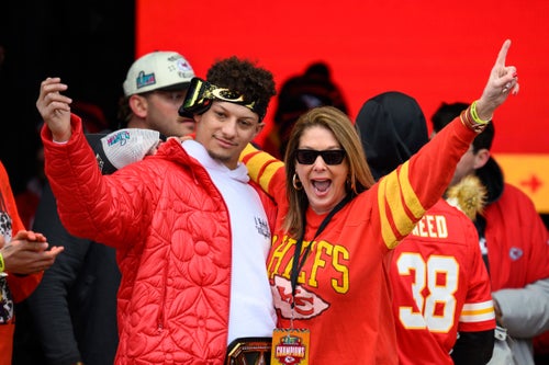 From left: Patrick Mahomes and his mom, Randi, celebrate the Chiefs' 2023 Super Bowl championship at a celebration in Kansas City.