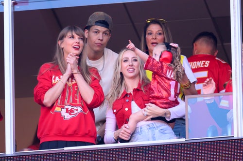 Randi Mahomes, top right, takes in a 2023 game with son Jackson Mahomes, Taylor Swift and daughter in law Brittany Mahomes.