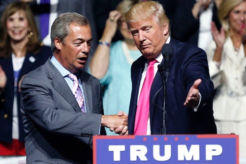 Former President Donald Trump has called right-wing British MP Nigel Farage, at left, "a little bit of a rebel."