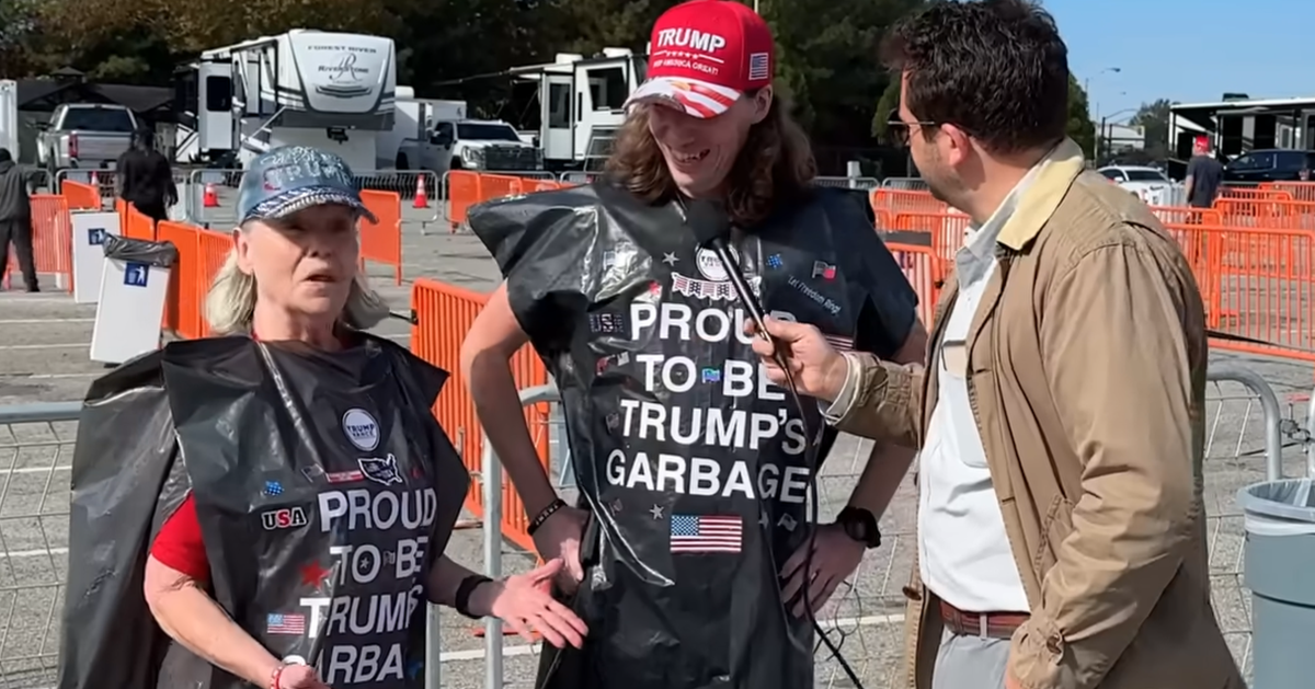 NextImg:Trump Supporters In Garbage Bags Stumped When Comedian Points Out Their Logic Is Trash