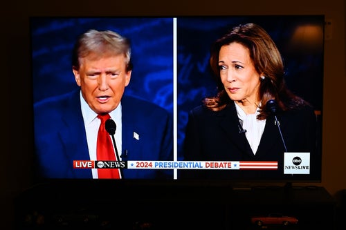 Former President Donald Trump and Vice President Kamala Harris at their Sept. 10 presidential debate, shown displayed on a TV screen in Foster City, California.