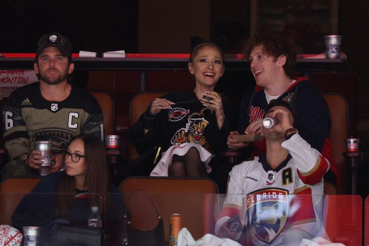 Ariana Grande and Ethan Slater at a Florida Panthers hockey game in June.