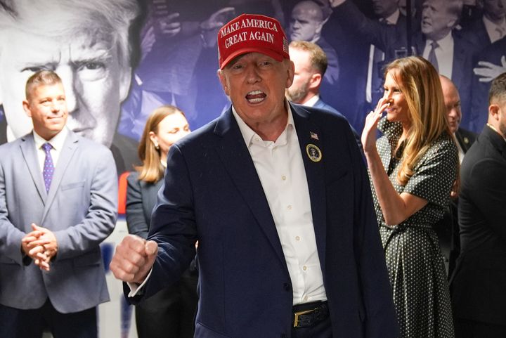 Former President Donald Trump visits his campaign headquarters on Tuesday, Nov. 5, 2024, in West Palm Beach, Florida.