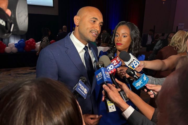 Alabama House member Shomari Figures speaks with reporters in Mobile on Tuesday before becoming the projected winner of Alabama's 2nd Congressional District. 